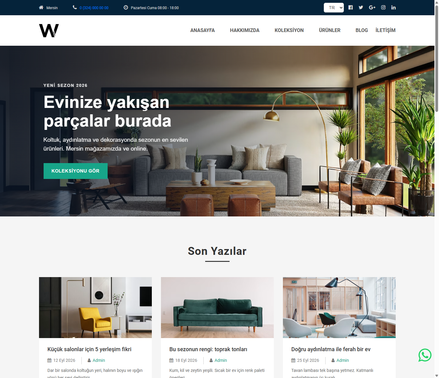 Editora ile kurulmuş bir mobilya mağazası sitesi