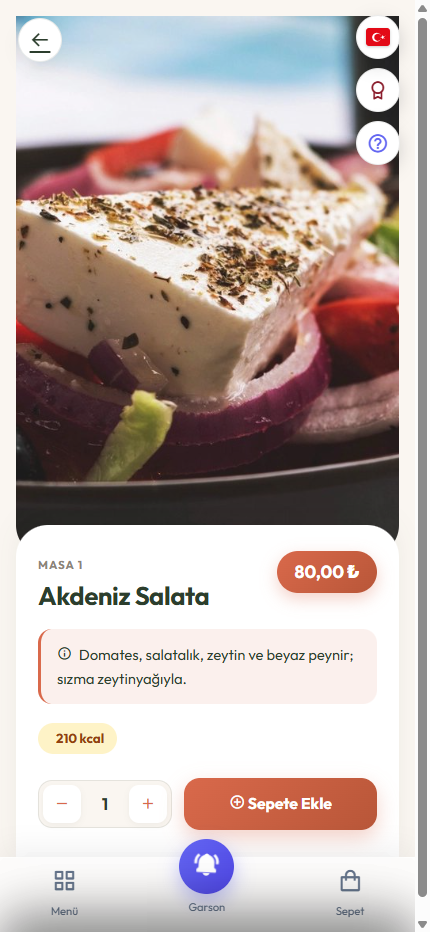 Misafirin telefonunda ürün sayfası: Akdeniz Salata, fiyat ve kalori
