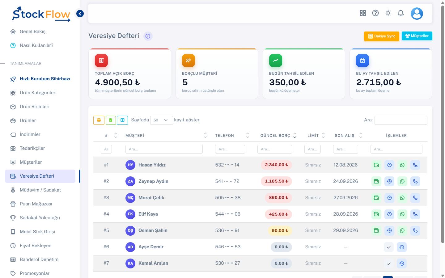 StockFlow veresiye defteri: müşteri borçları ve tahsilat özeti